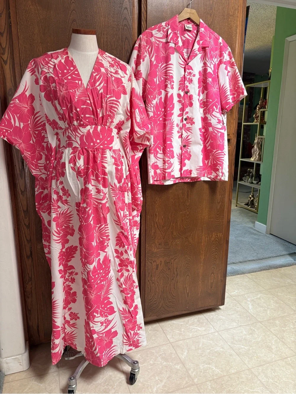 Pink & White Hawaiian Maxi Dress with Mens Matching Shirt. Honeymoon Set.